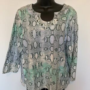 Hearts of Palm Snakeskin Print Jeweled Neckline Shirt